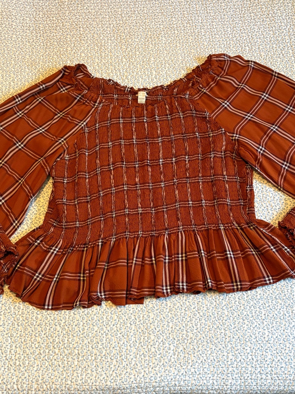 Cato 1946 Women's Smocked Plaid Off-the-Shoulder Long Sleeve Blouse